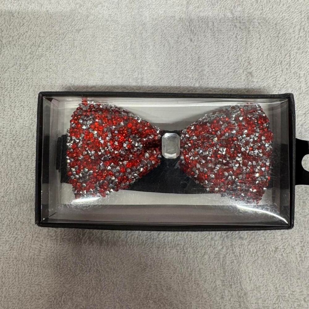 Men’s Red Silver Rhinestone Crystal Pre-Tied Bow Tie Formal Wedding Party